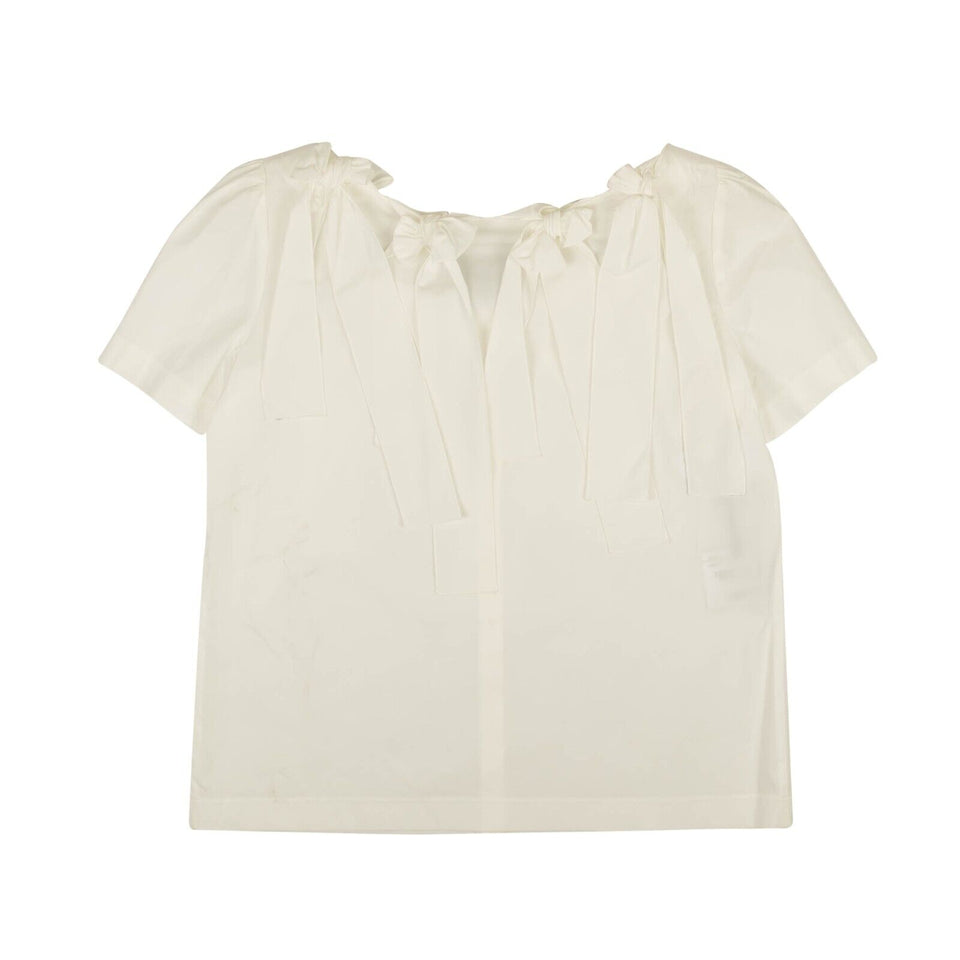 White Bow Accented Short Sleeve Blouse
