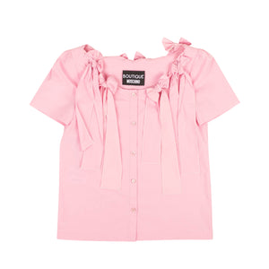 Pink Bow Accented Short Sleeve Blouse