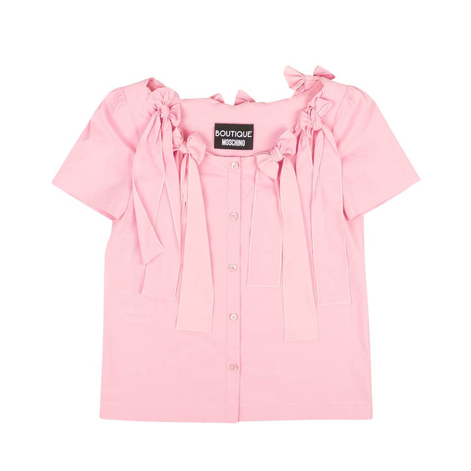 Pink Bow Accented Short Sleeve Blouse