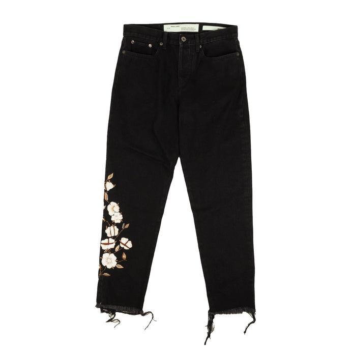 Black Floral Diag Frayed Jeans