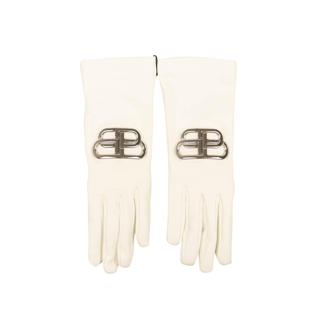 Women's White Leather Giant BB Metal Logo Gloves