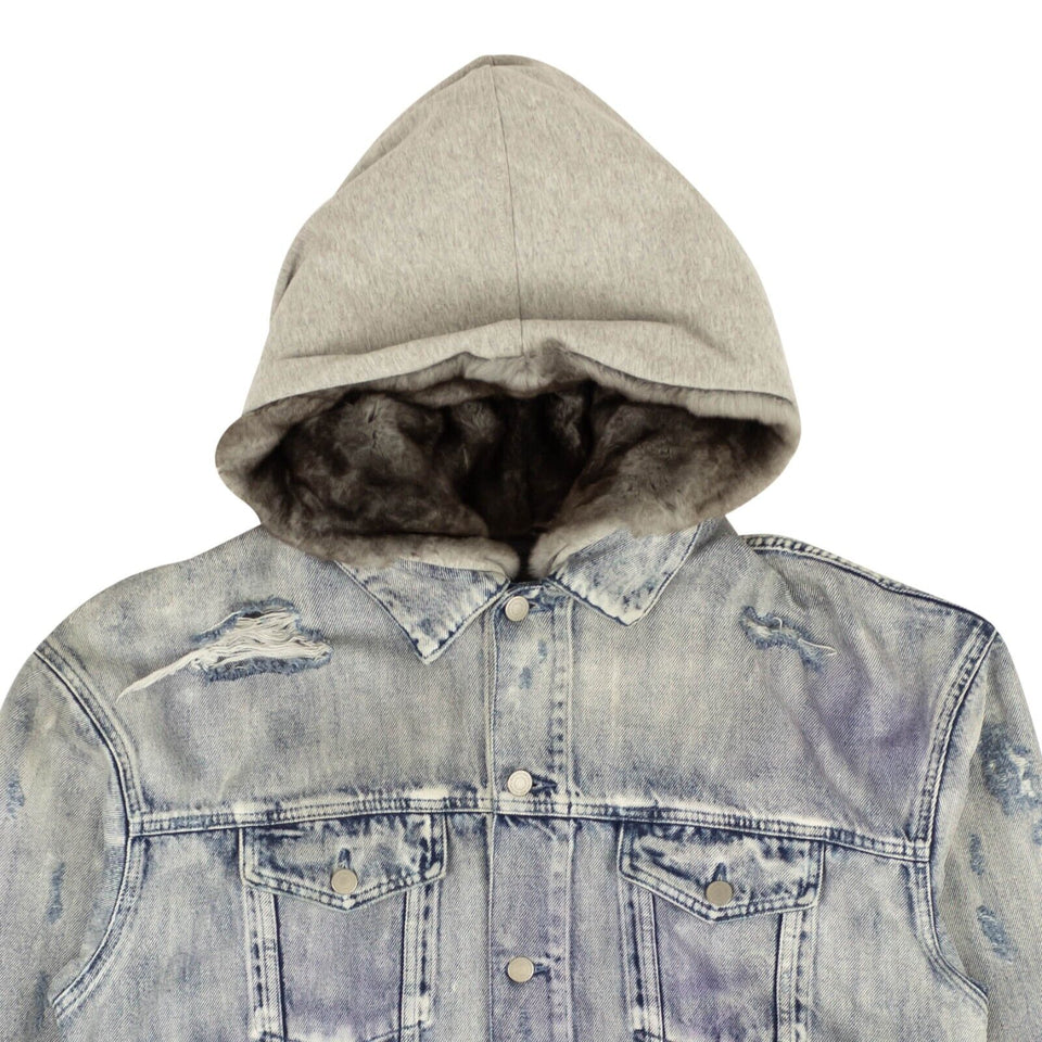 Blue Denim Milton Fur Velcro Patch Hood Jacket