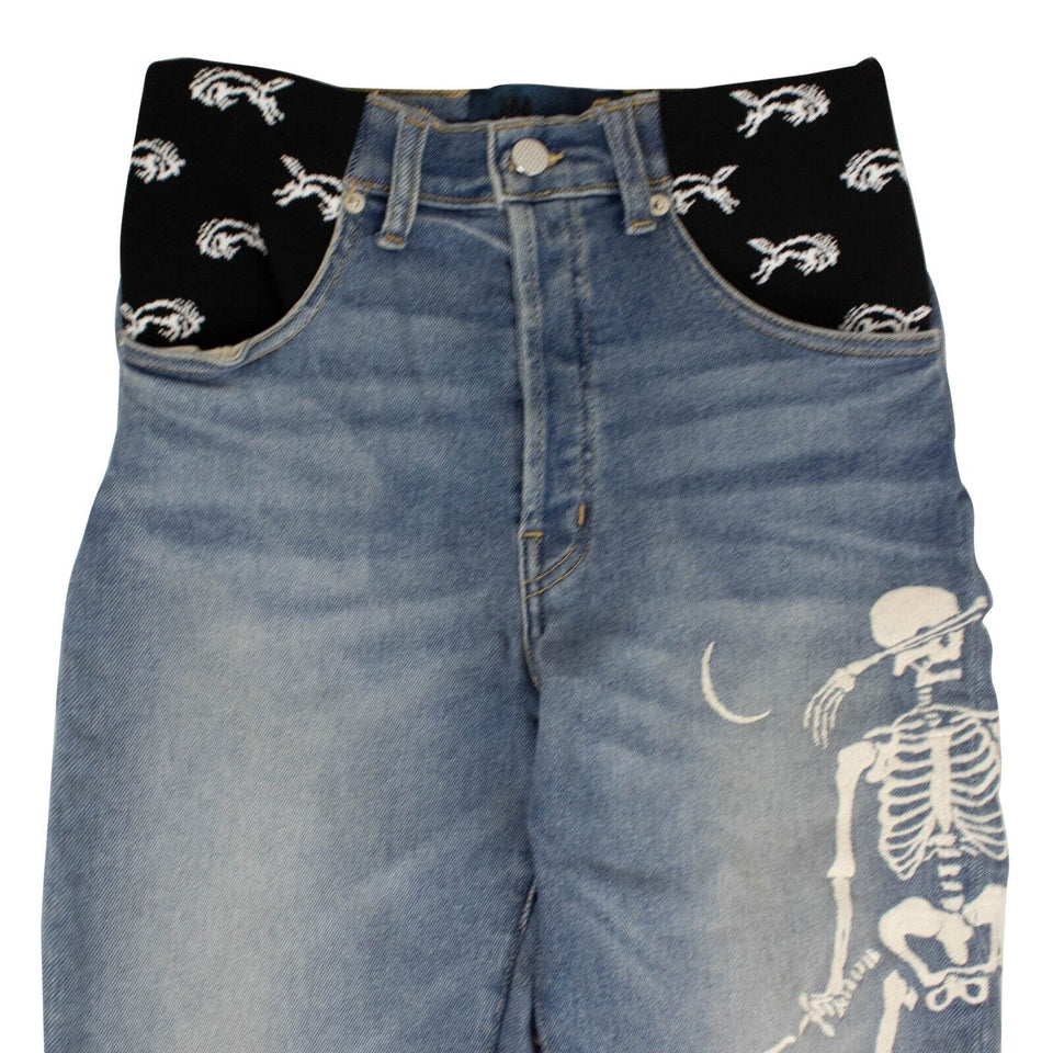 Indigo Blue Skeleton Moon Crop Flared Jeans