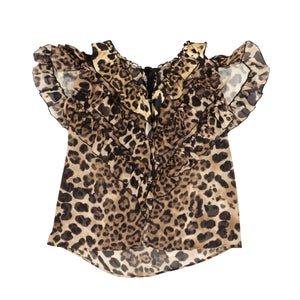 Brown Leopard Print Silk Short Sleeve Blouse