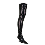 Balenciaga Women's Metallic Sequin Thigh High Heel Boots - Black