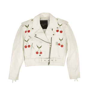 White Hand Painted Cherry Leather Jacket
