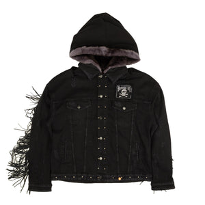 Black Fleetwood Fur Denim Hooded Trucker Jacket