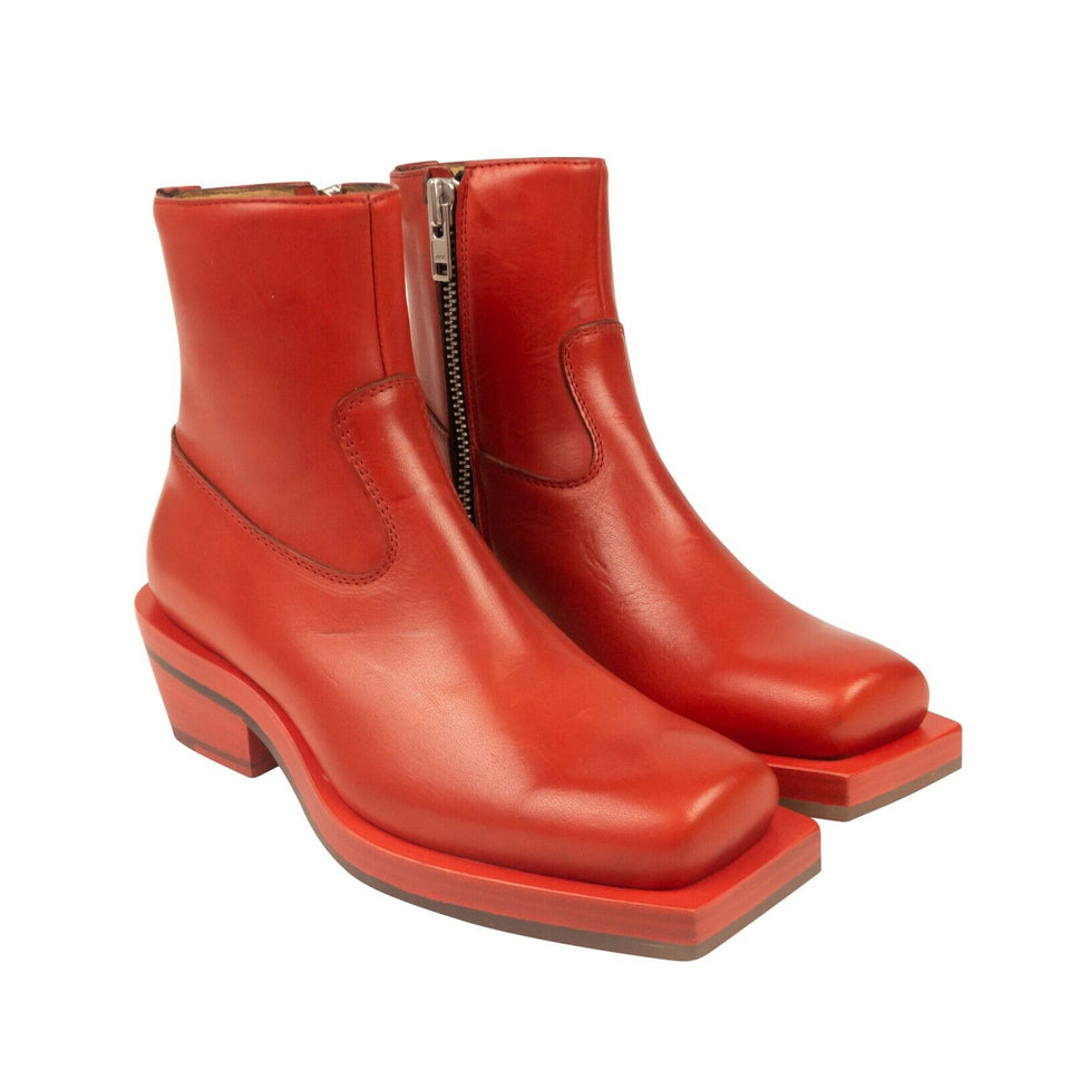 Red Stained Leather Square Ankle Boots