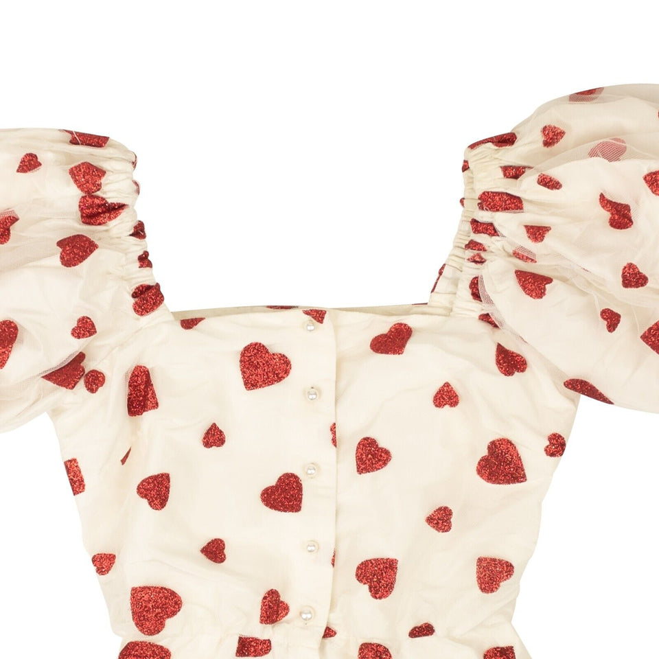 White And Red Glitter Heart Cinched Blouse