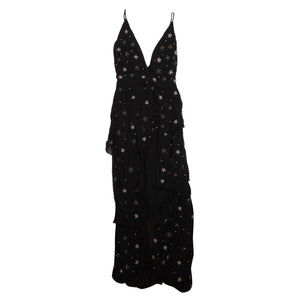 Black Asymmetrical Deep V Bead Silk Long Dress