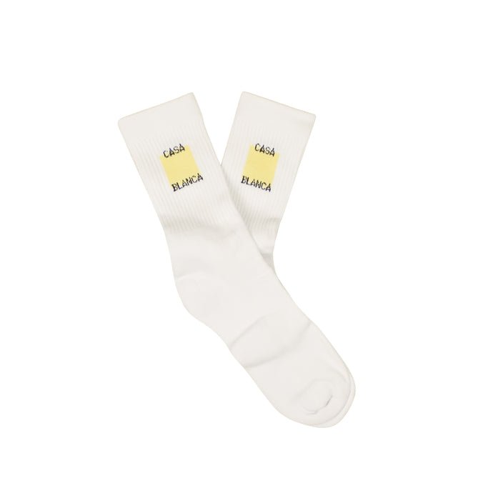 White And Yellow Square Logo Ribbed Sport Socks