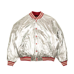 Silver And Red Padded Teddy Bomber Jacket