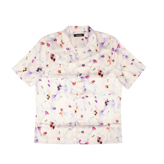 White Silk Pychedelic Mushroom Button Down Shirt
