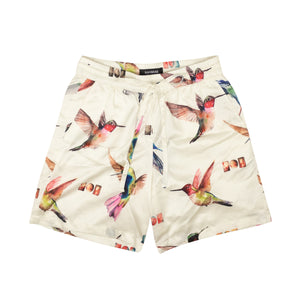 White Silk Hummingbird Print Shorts