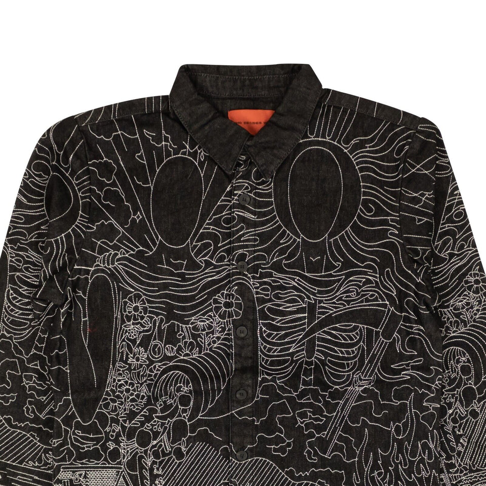 Black Embroidered Duality Button-Up Shirt