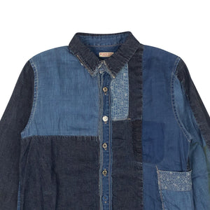 Blue Patchwork Linen and Cotton Chambray Shirt
