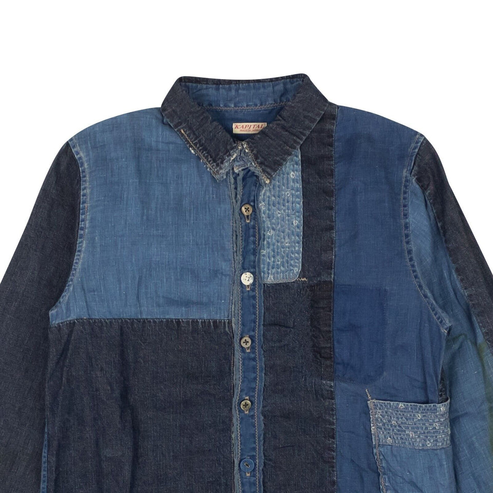 Blue Patchwork Linen and Cotton Chambray Shirt