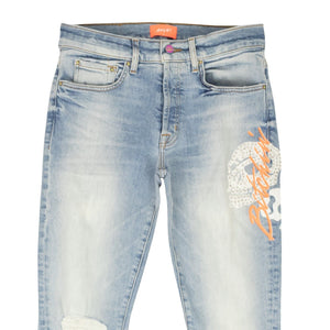 Blue Cotton Embroidered Logo Slim-Fit Jeans