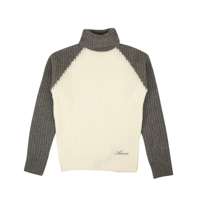Ivory And Grey Cashmere Color Blocked Turtleneck