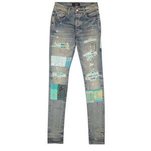 Blue Cotton Quilted Art Patch Skinny Jeans