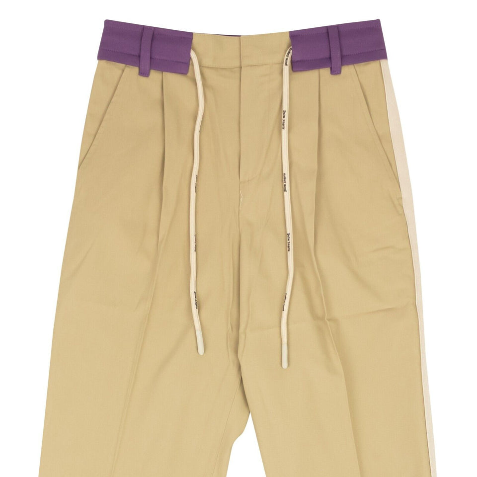 Beige And Purple Cotton Track Belt Pants