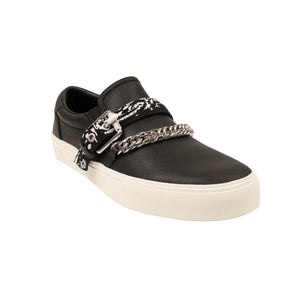 Black Leather Bandana Chain Slip On Sneakers