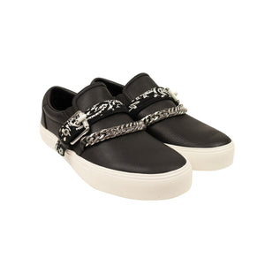 Black Leather Bandana Chain Slip On Sneakers
