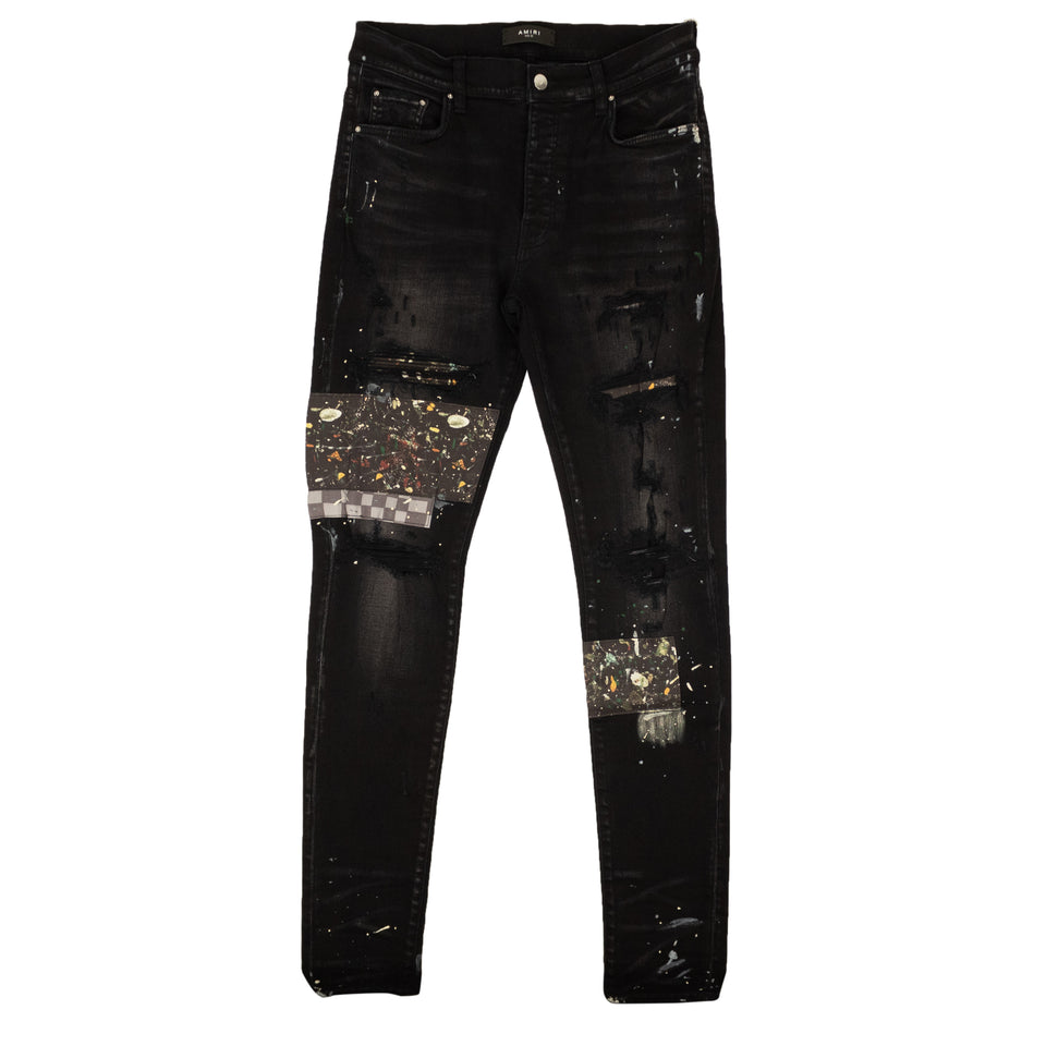 Aged Black Art Patch Checkered Skinny Jeans