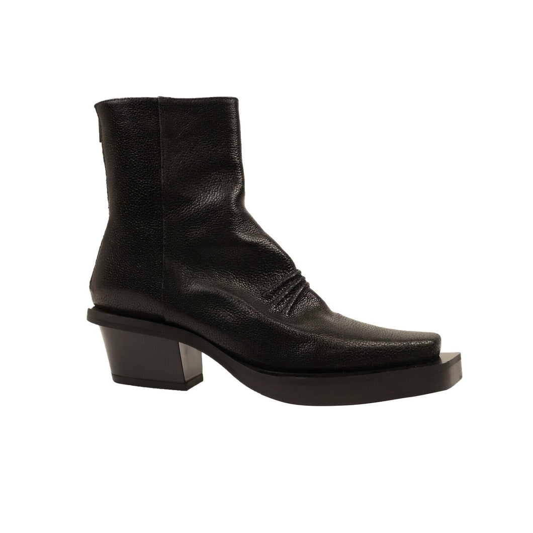 Black Leather Leone Square Toe Ankle Boots