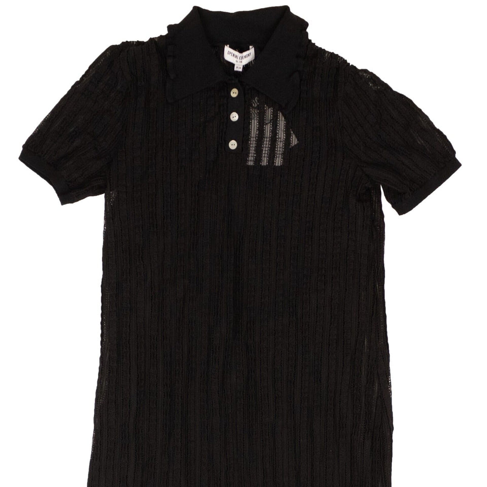 Black Polyester Ruffle Pointelle Polo Dress