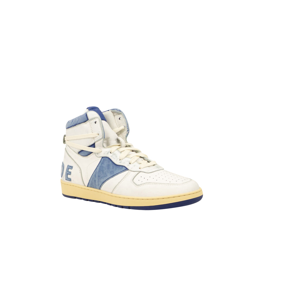 White And Royal Blue Leather Rhecess High Top Sneakers