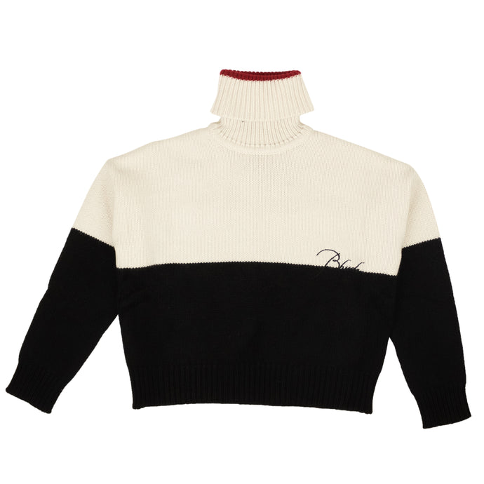Black And Creme Wool Color block Turtleneck Sweater