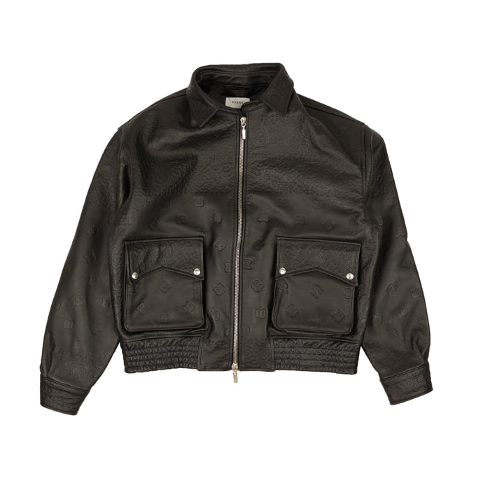 Black Leather Embossed Blouson Suiting Jacket