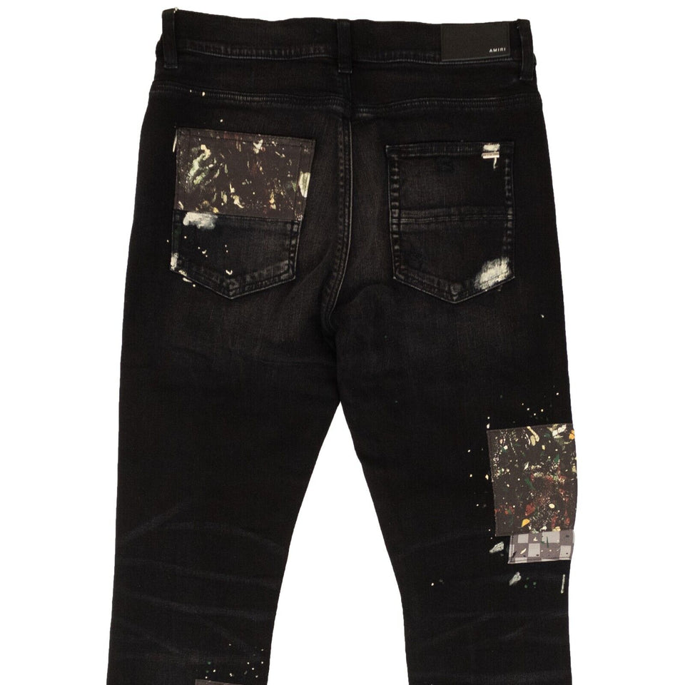 Aged Black Art Patch Checkered Skinny Jeans