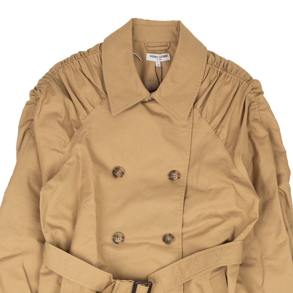Sand Brown Cotton Smocked Trench Coat