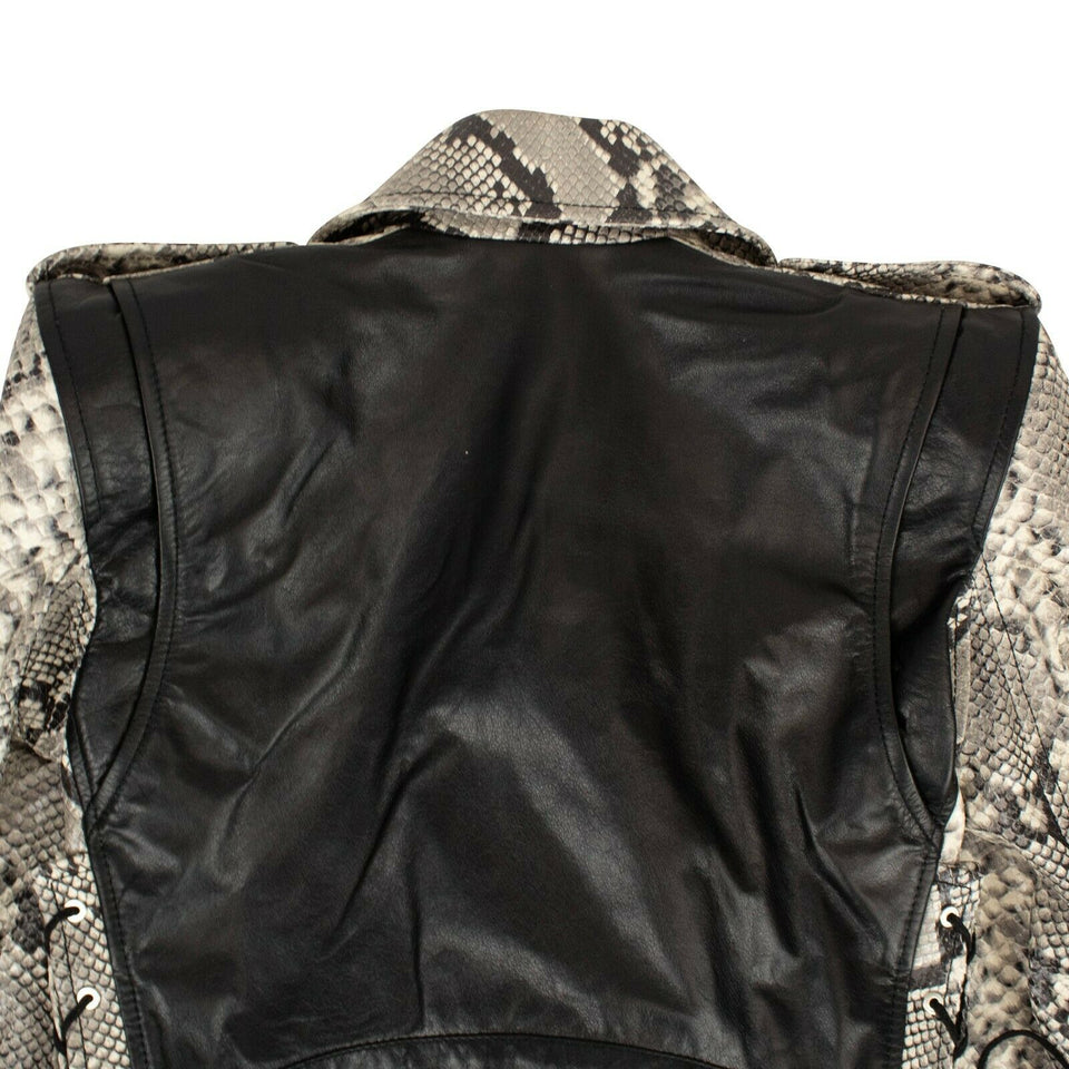 Gray Leather Snakeskin Print Biker Jacket