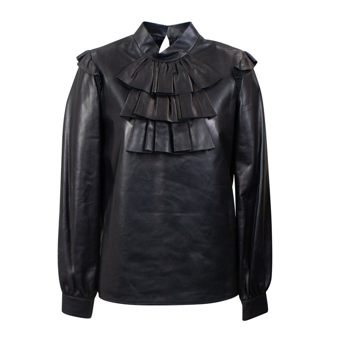 Women's Black Leather Ruffled Blouse