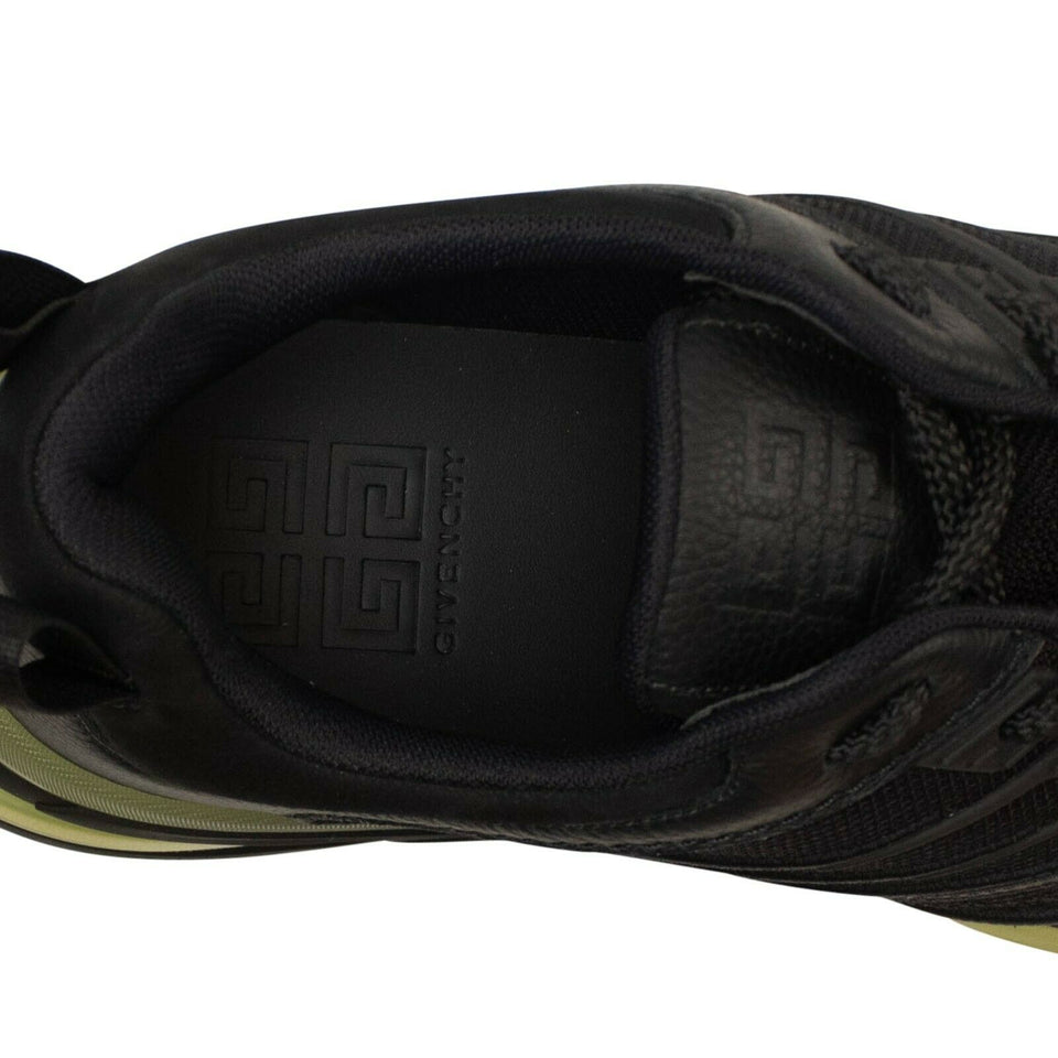 Men's Black and Green Leather and Mesh Low-Top Sneakers