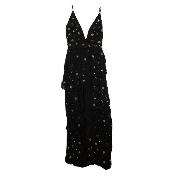 Women's Silk Star Beaded Asymmetric Long Dress -  Black