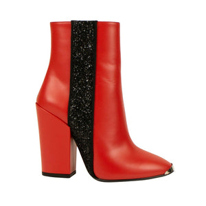 Women's Red Leather Glitter Stripe Chunky Heel Boots
