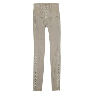 Suede Lace Up Skinny Pants - Gray