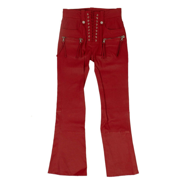 Leather Cropped Plonge Lace-Up Pants - Red