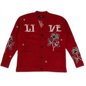 Men's Red/Black Rose Knit Cashmere Blend Cardigan Sweater