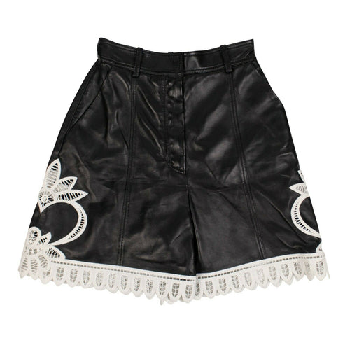 Women's Black Leather Embroidered Shorts