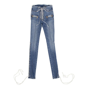 Denim Cotton Lace Up Skinny Jeans - Blue