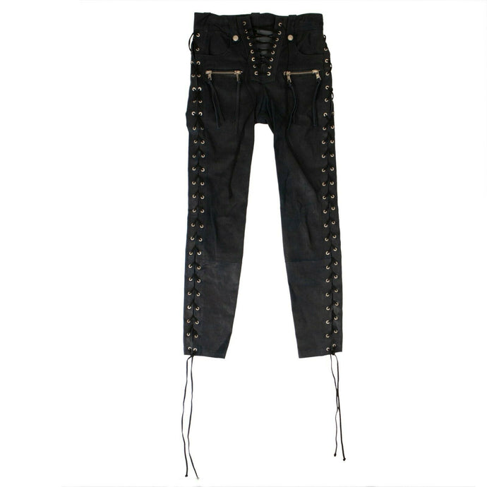 Women's Blue Leather Side Lace Up Skinny Pants