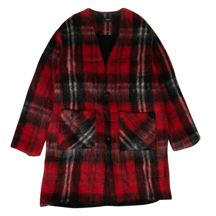 Men's Plaid Mohair Blend Cardigan Coat - Black And Red