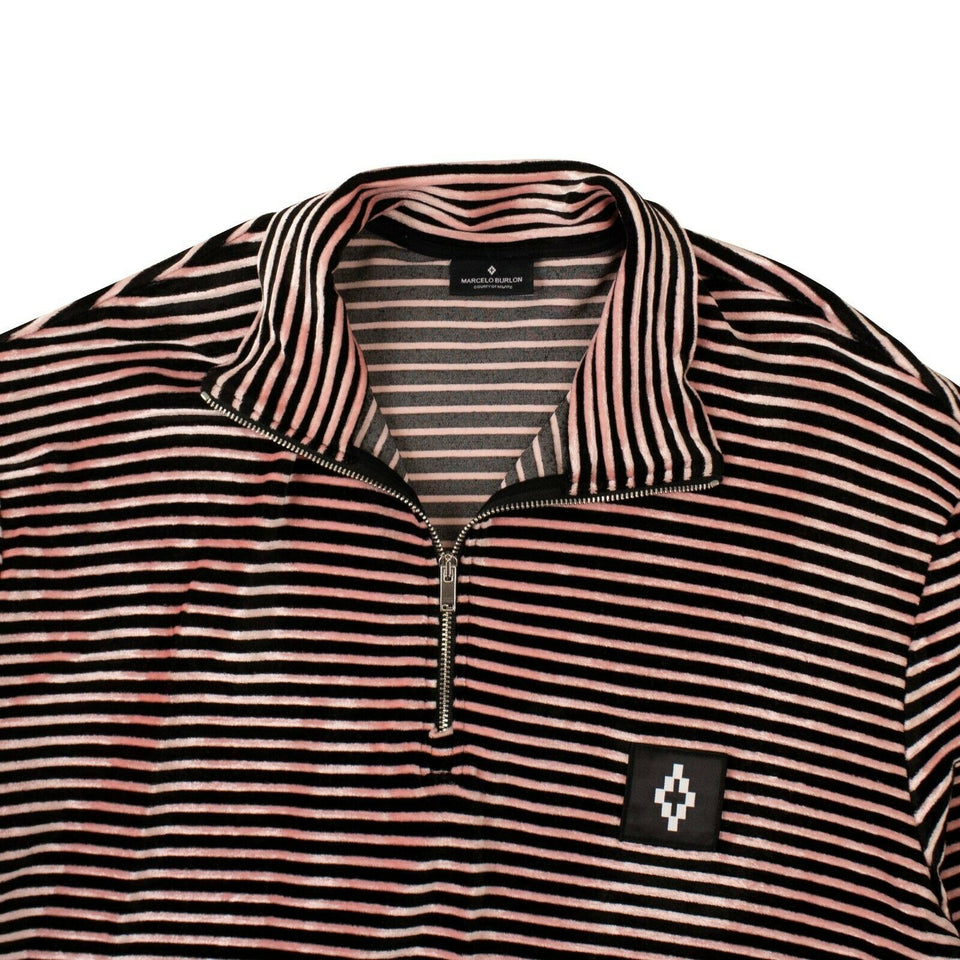 Men's Black And Pink Velour Striped Half Zip Shirt